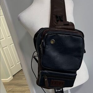 Leather Sling Crossbody Bag - Navy and Brown